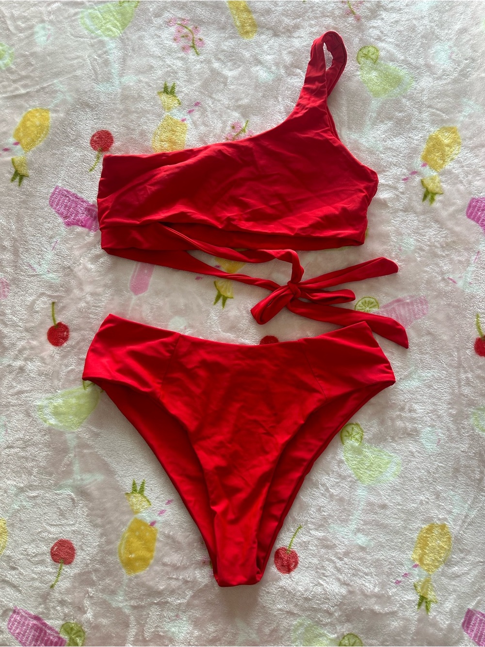 Amazon Red One-Shoulder Tie Bikini Set